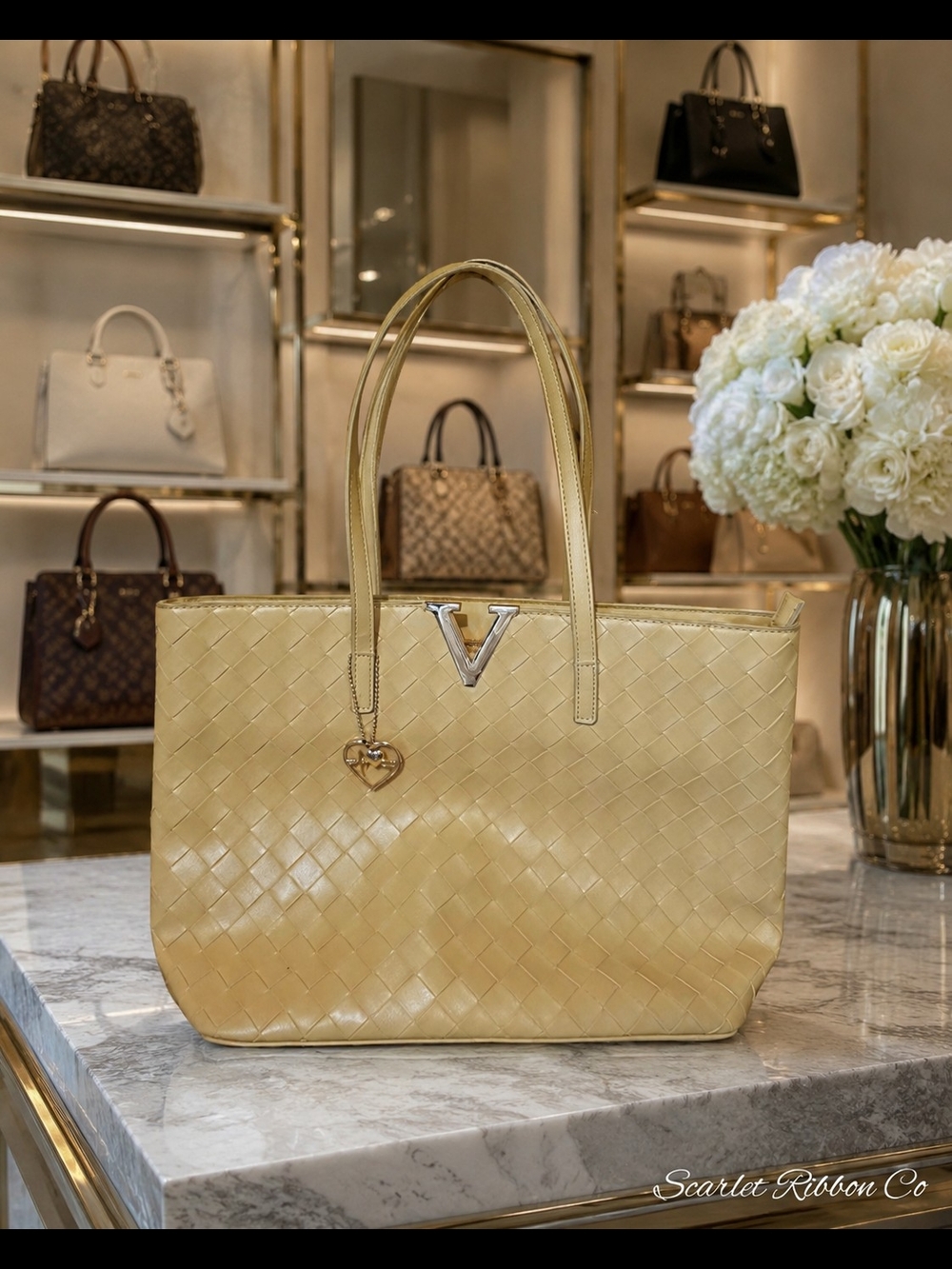 ​✨ Crossi Mustard Woven Faux Leather Tote with "V" Logo & Heart Charm